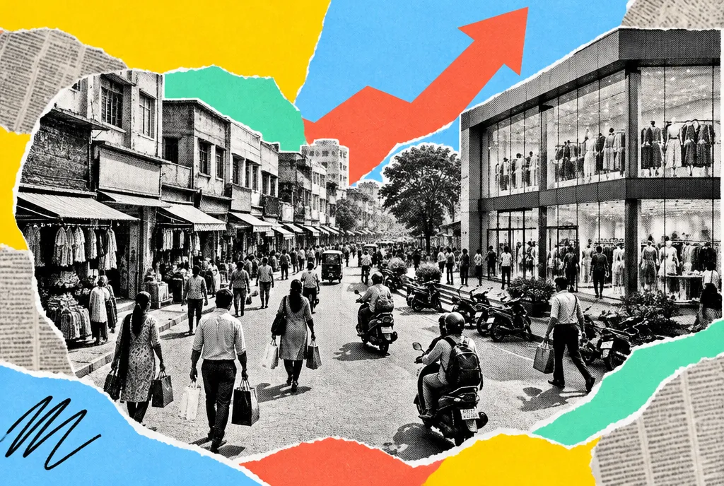 A busy commercial high street in an Indian regional city seen from a slightly raised viewpoint in morning light, with storefronts and pedestrians.